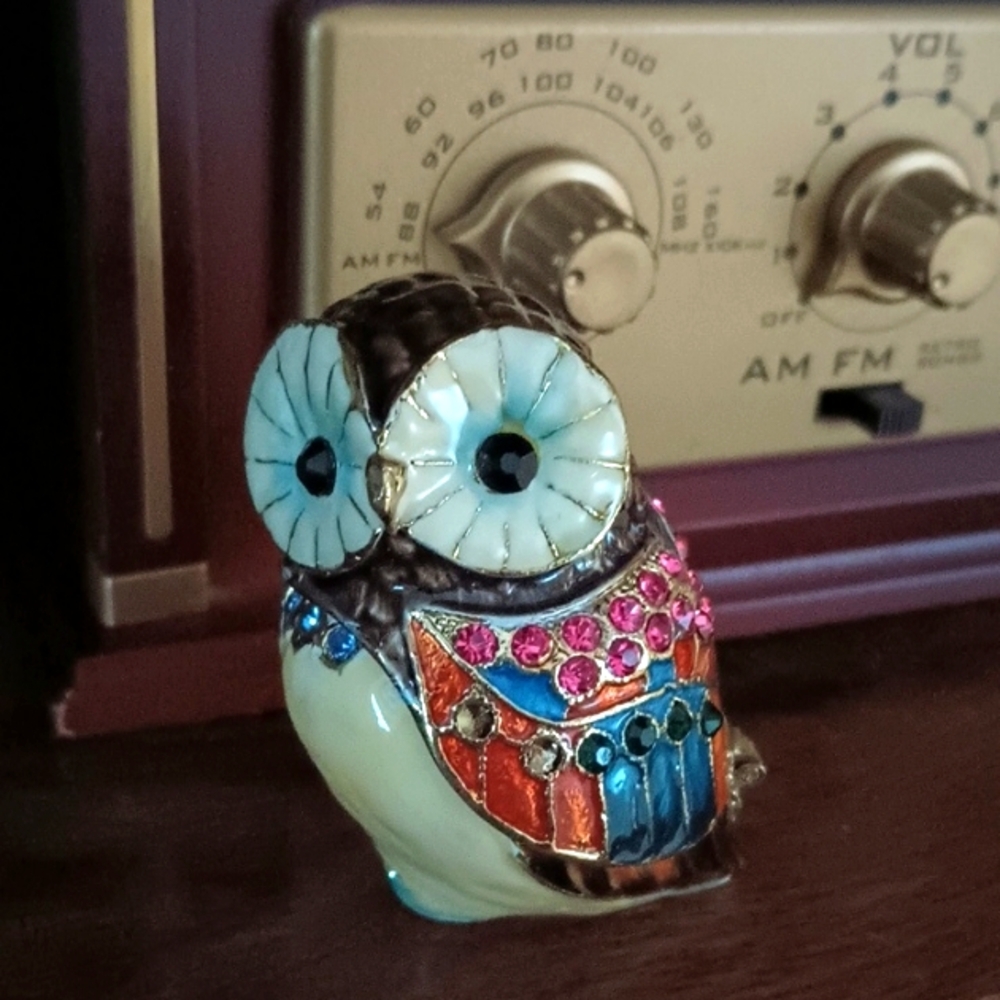 Colorful Cloisonne And Gems Owl Storage Box Hinged w Crystal Gems & Metal